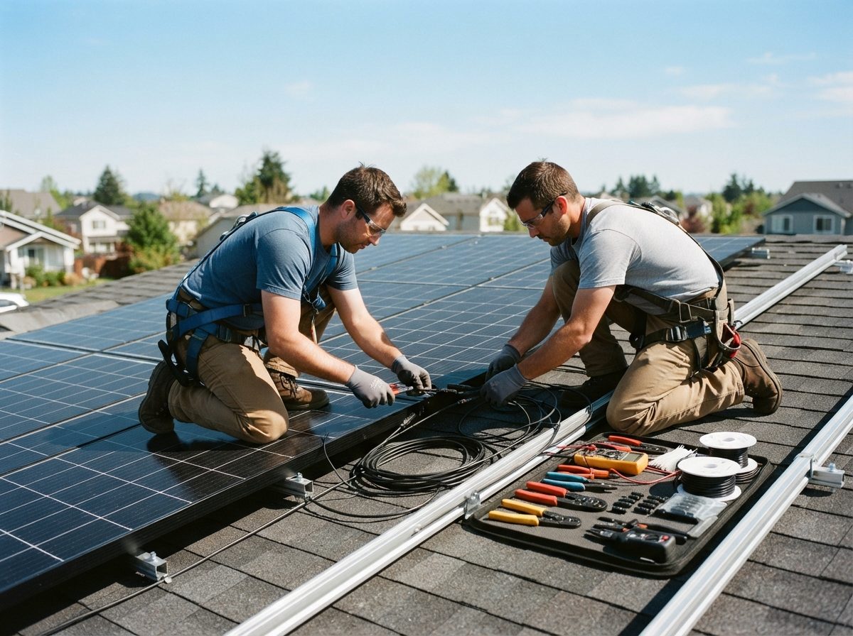 Solar installation crew connecting wiring on a residential rooftop array.