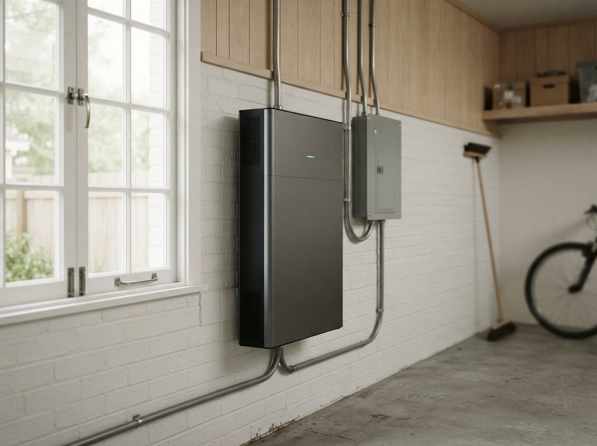 A home battery storage unit mounted on a garage wall beside an electrical panel.