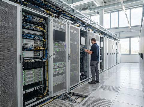 Rows of server rack cabinets inside a bright, modern data center facility.
