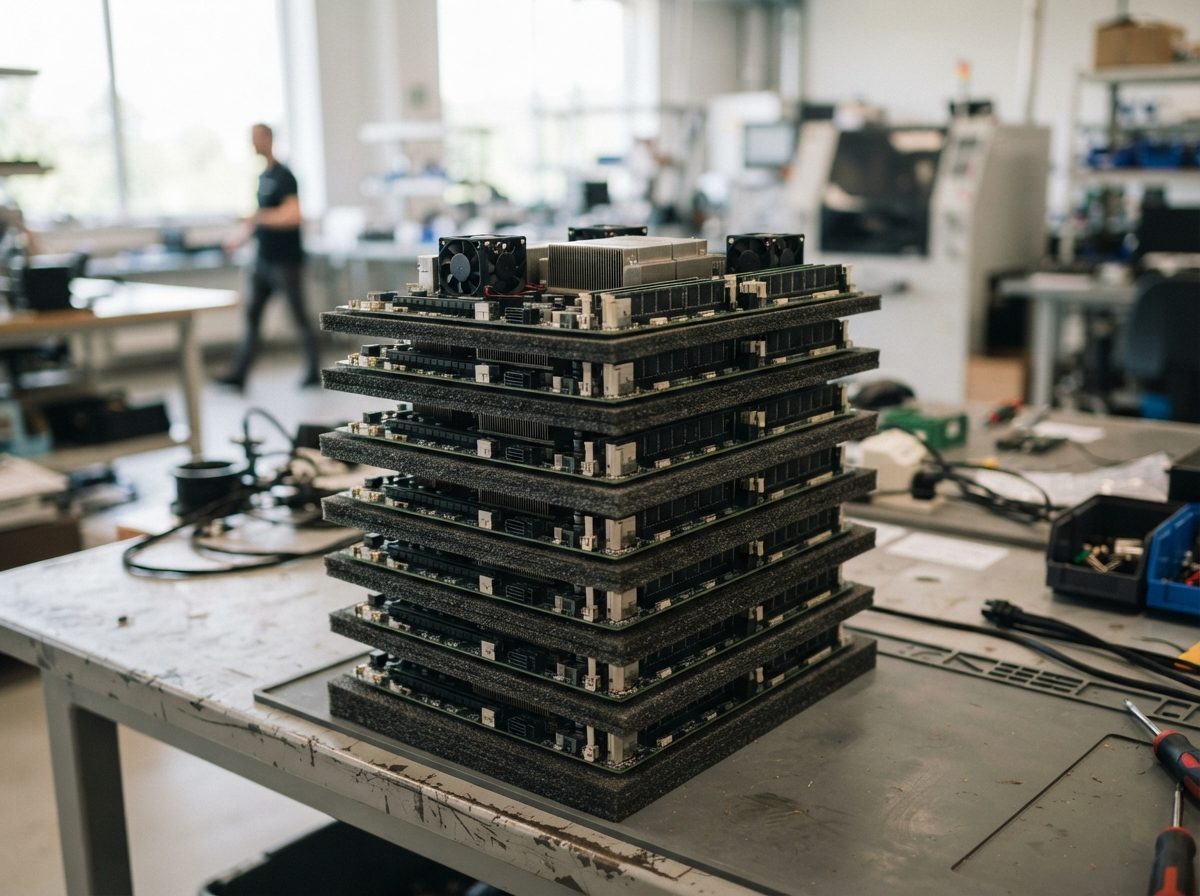 Close-up of server motherboards with cooling fans on an assembly workbench.