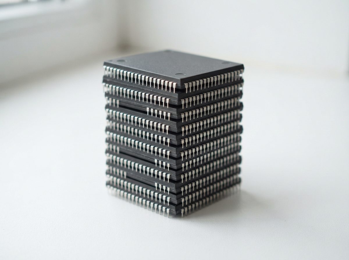 A row of finished microchips arranged on a bright white surface.