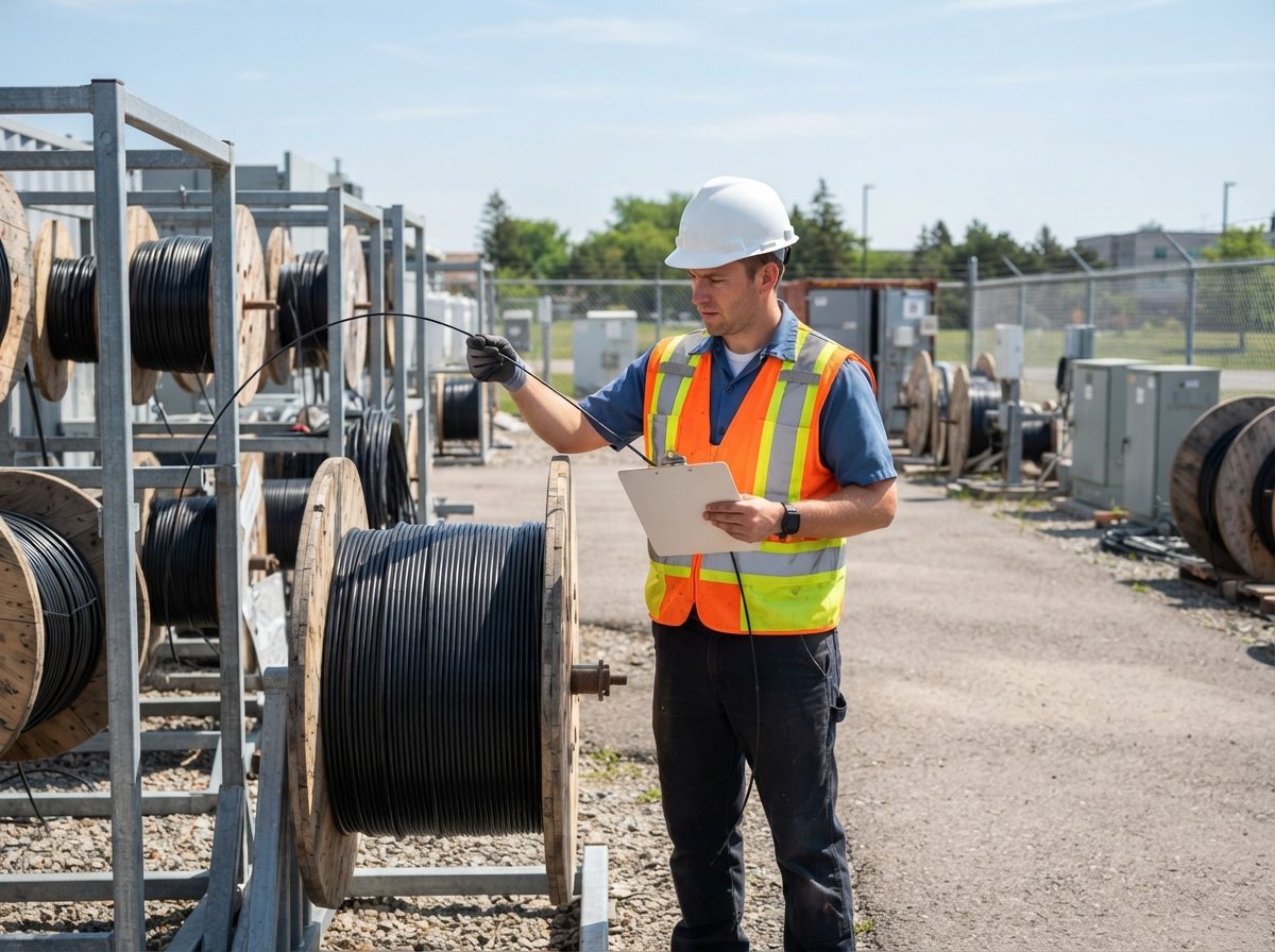 A technician inspecting fiber-optic cable spools outdoors at a telecom equipment yard.