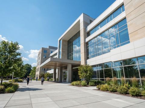 Bright modern hospital building exterior under a clear sky.
