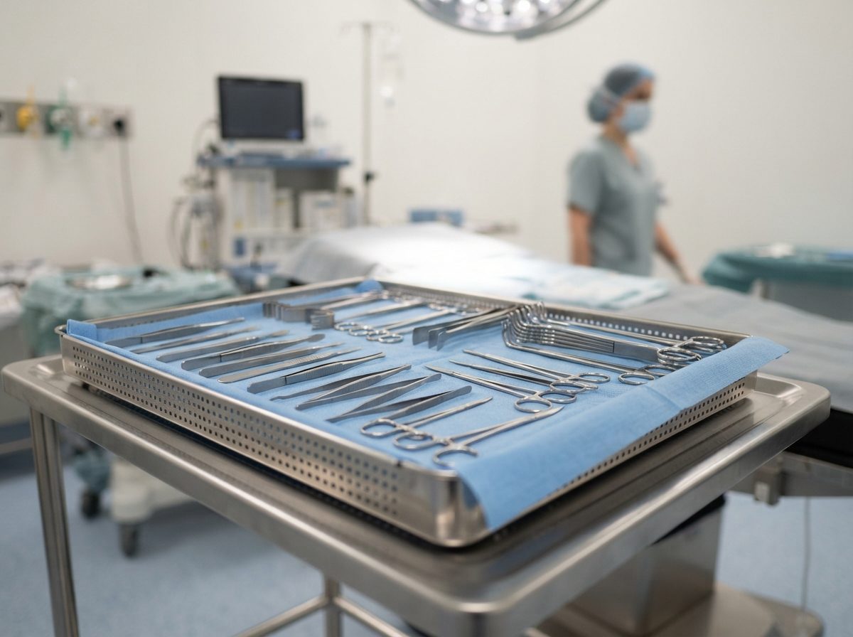 Sterile surgical instrument tray inside a bright outpatient surgery center.