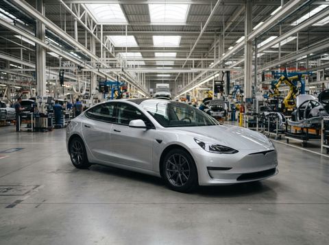 A silver electric vehicle inside a bright, modern automotive factory bay.