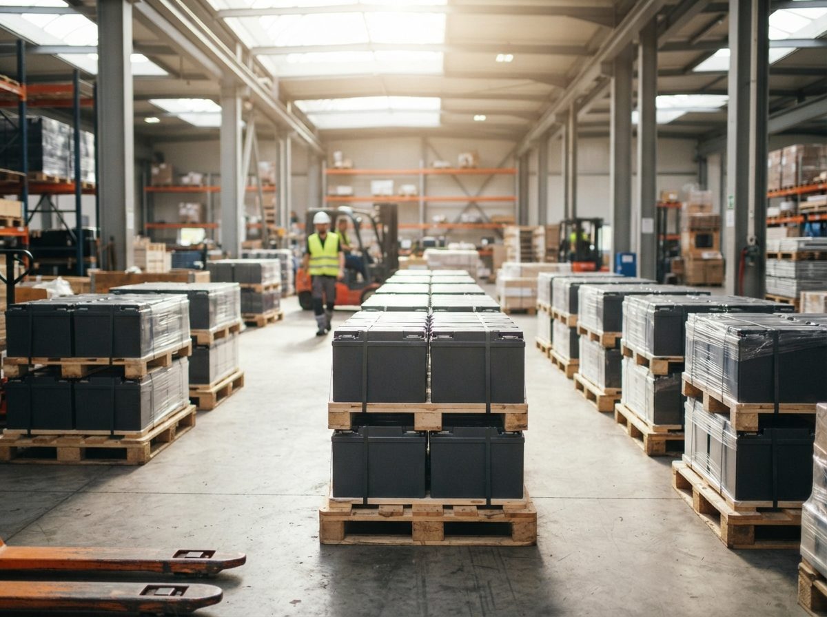 Stacked battery packs in a sunlit industrial warehouse ready for shipment.