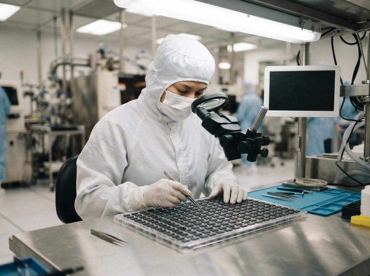 Cleanroom technician inspecting analog microchips on a circuit board in a semiconductor manufacturing facility