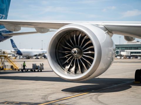 A commercial jet engine mounted on an aircraft wing on a sunlit airport tarmac.