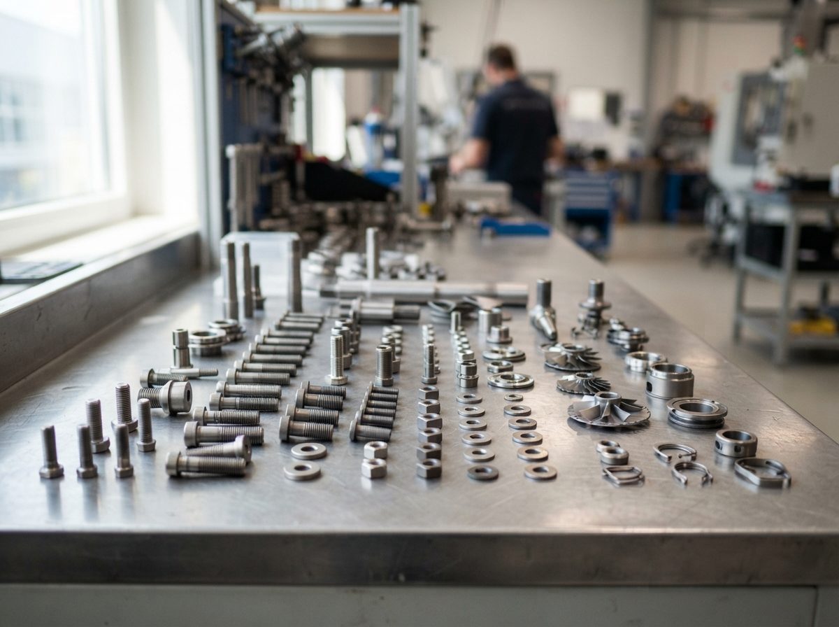 Precision-machined titanium aircraft fasteners and turbine components arranged on a factory workbench.