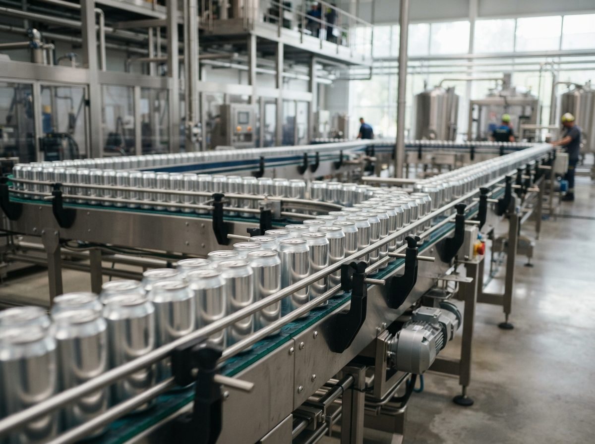 Aluminum beverage cans moving along a bright industrial bottling conveyor belt.