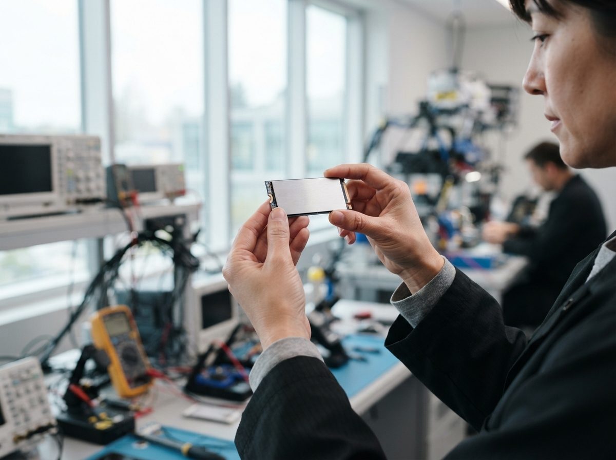 Hands holding a small solid-state storage drive under natural light in an electronics lab.