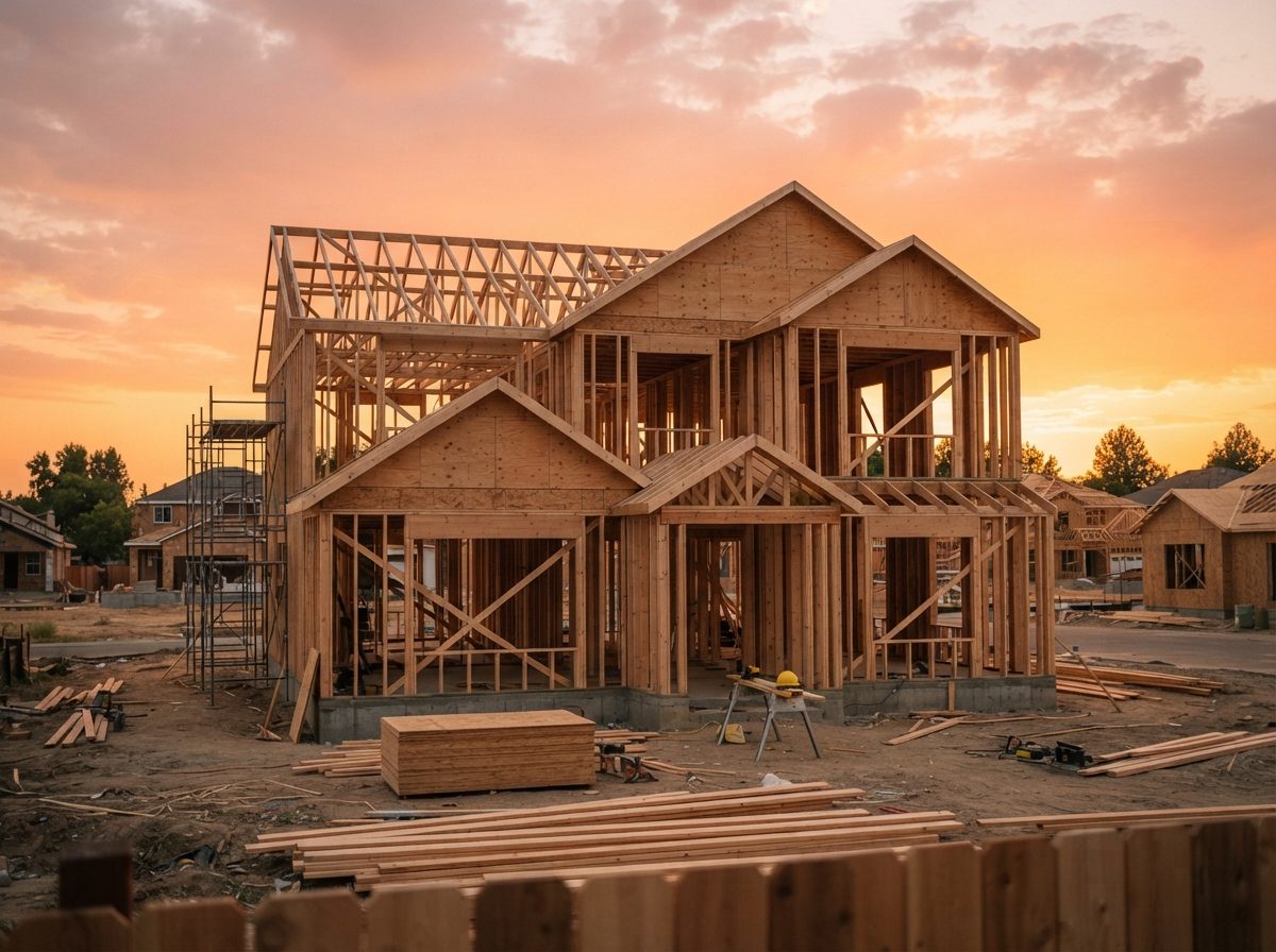 A house under construction with exposed wood framing at golden hour, representing American homebuilding contractors.