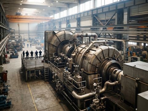 Large industrial turbine generator on a factory floor with bright overhead lighting.