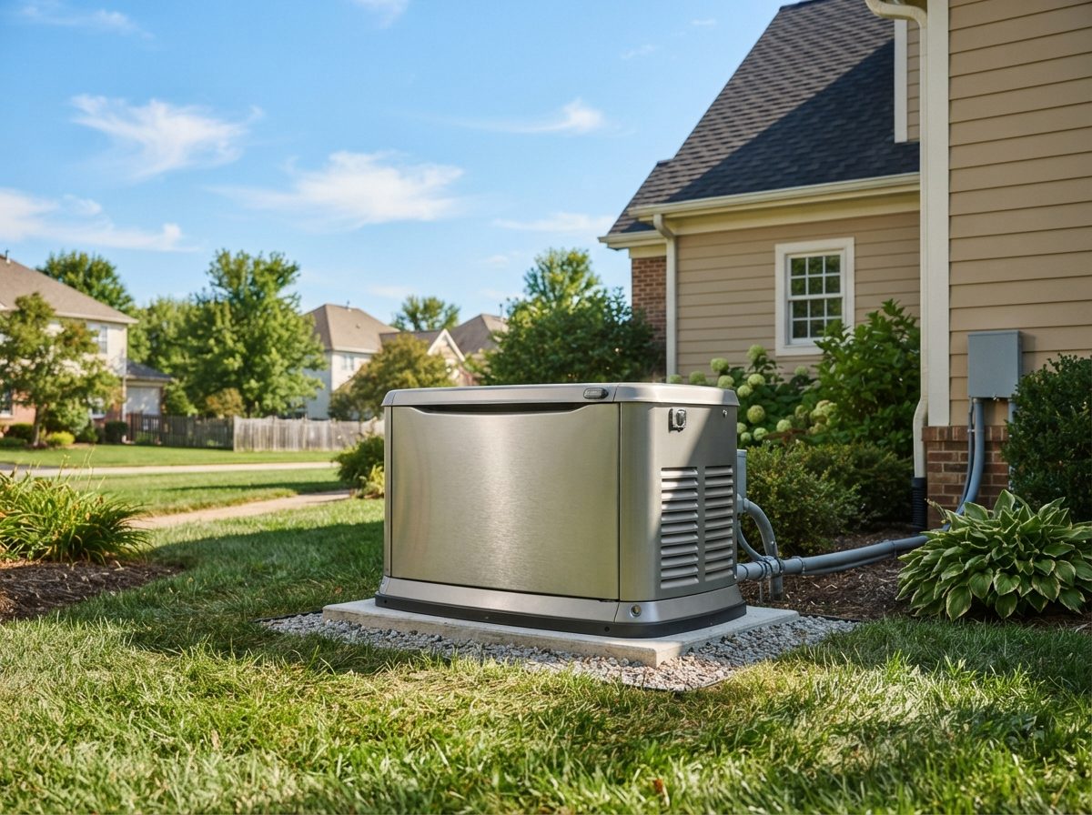 Residential backup generator installed on a lawn beside a suburban home.