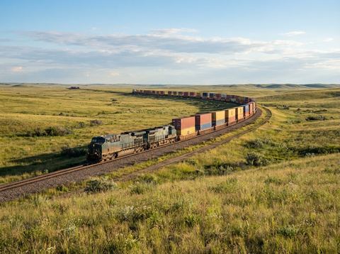 A freight train hauling stacked shipping containers travels across an open plain in bright daylight.