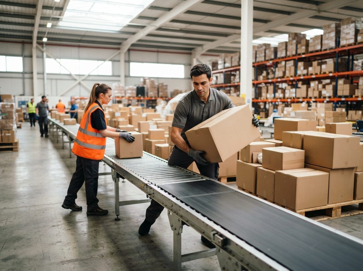 Cardboard packages moving along a conveyor belt inside a sunlit distribution warehouse.