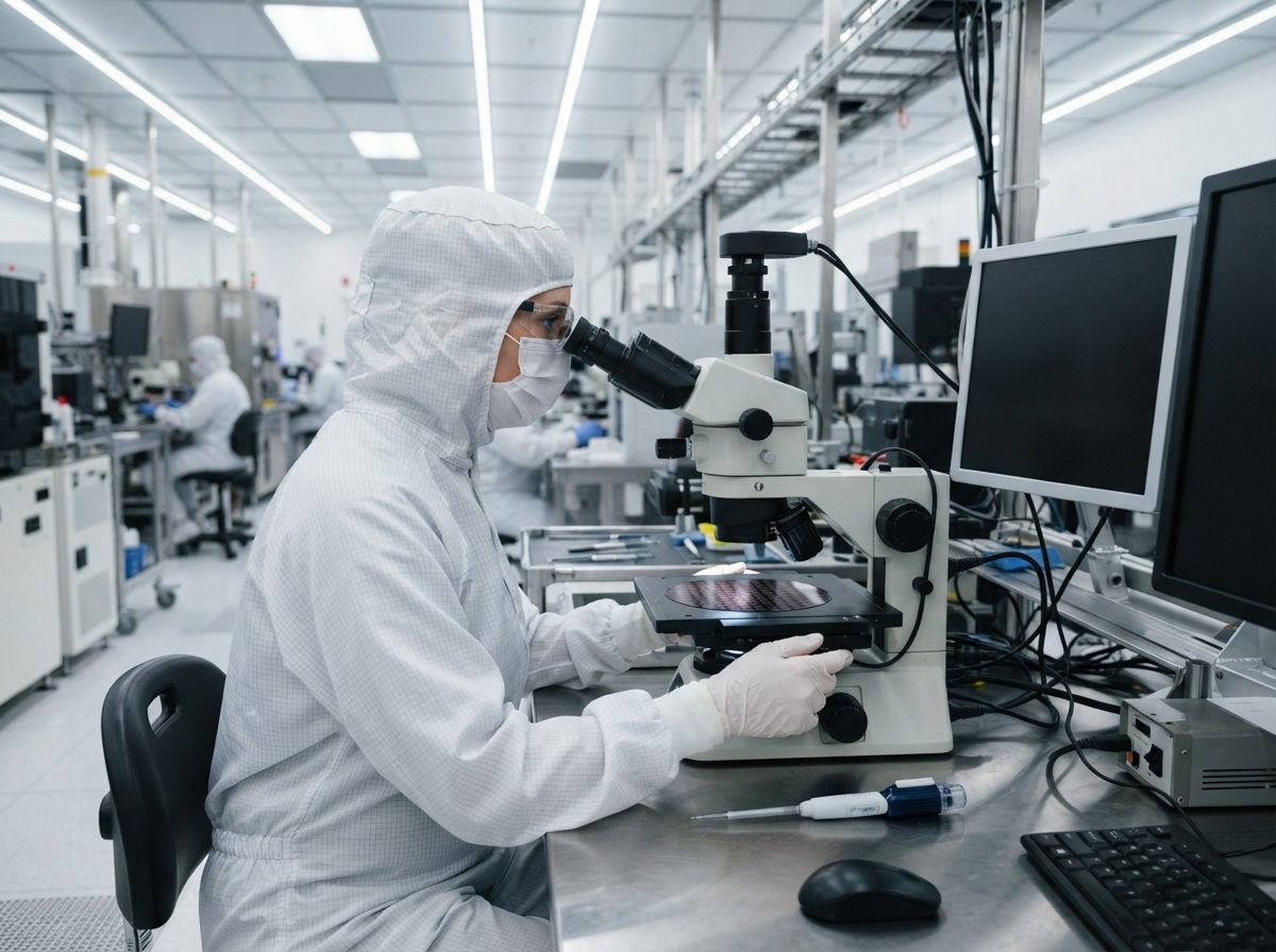 Technician in cleanroom suit inspecting a semiconductor wafer through a microscope.