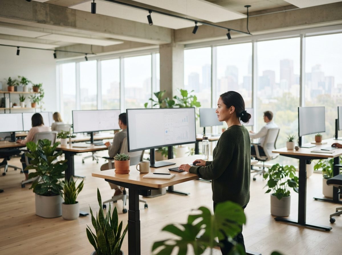 Sunlit open-plan technology office space with monitors and desks.