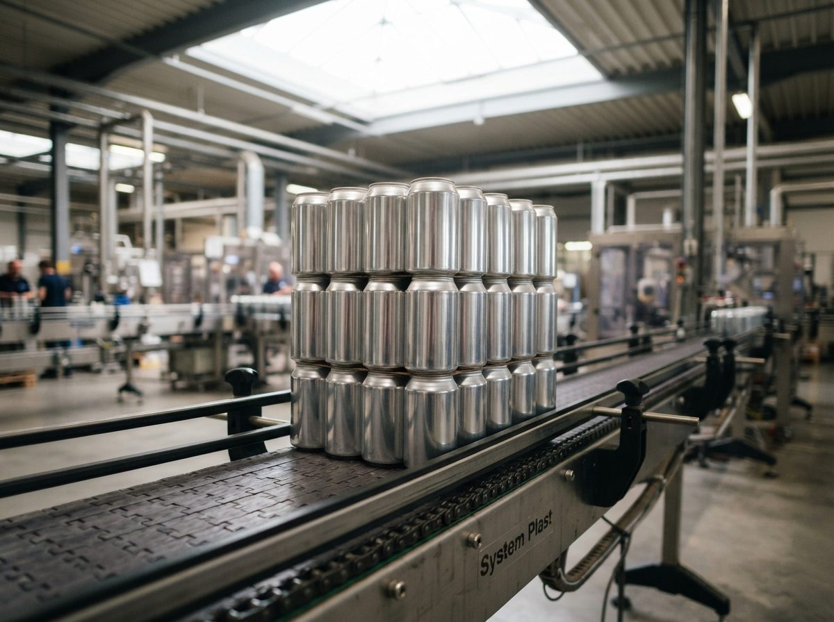 Aluminum beverage cans on a manufacturing conveyor belt under warehouse skylight