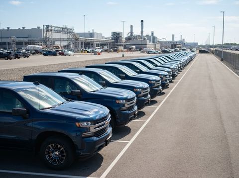 Rows of new vehicles parked at an outdoor manufacturing facility under bright daylight.