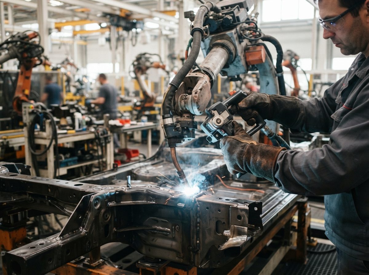 A robotic arm welding a car chassis on an automotive assembly line.