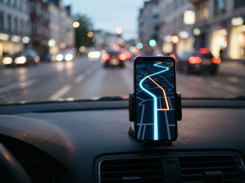 A smartphone displaying a glowing navigation map mounted on a car dashboard in city traffic at dusk.