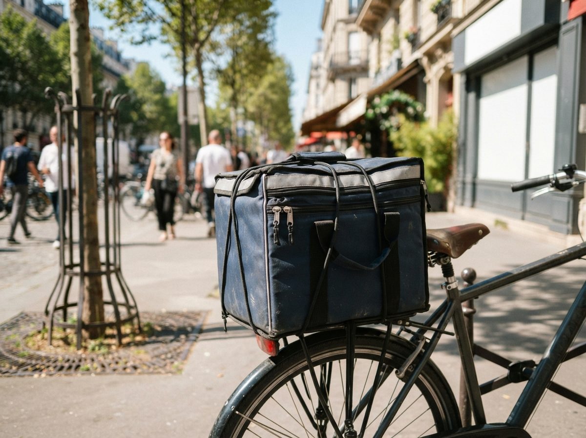 A food delivery courier's insulated bag strapped to a bicycle parked on a sunny city sidewalk.
