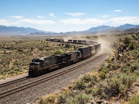A freight train with intermodal containers travels through an open western landscape under bright sunlight.