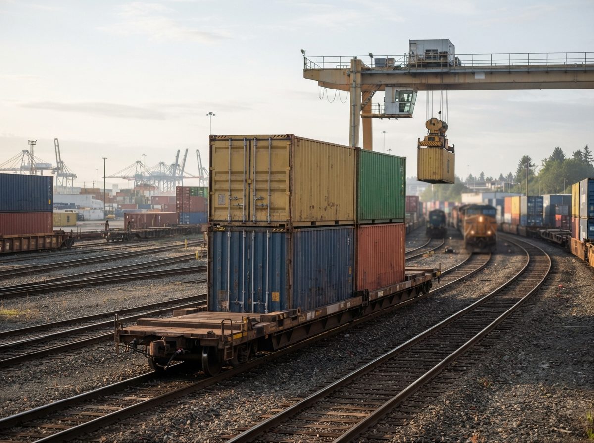 Stacked shipping containers loaded onto a rail car at a freight yard in soft morning light.