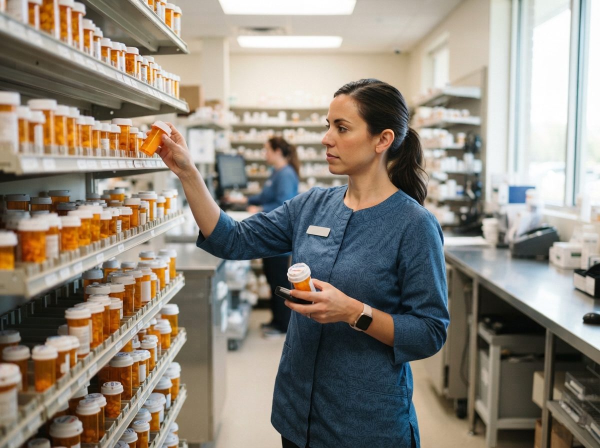 Pharmacist organizing prescription medications on shelves in a bright retail pharmacy