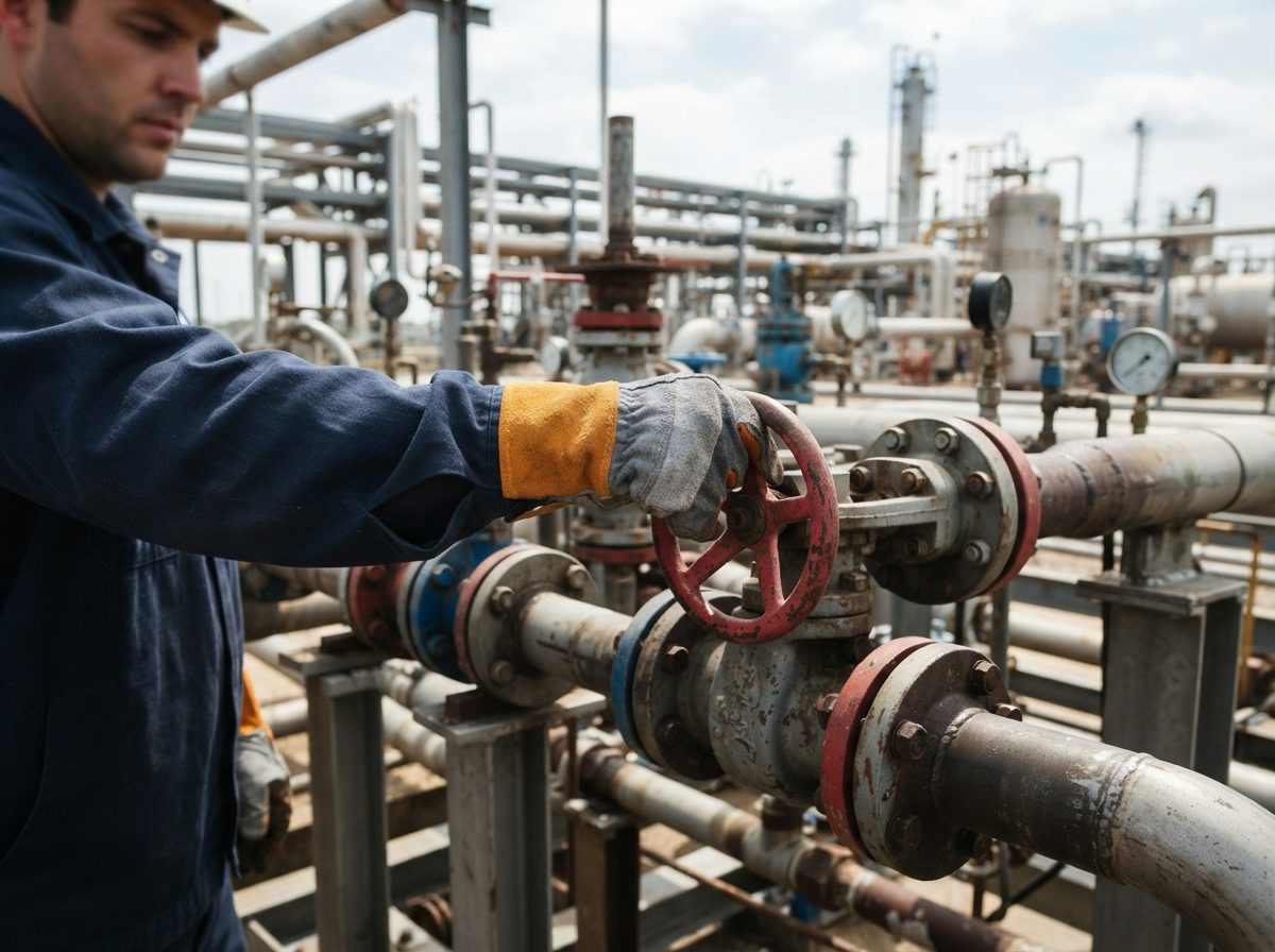 Industrial pipeline valves and manifold at a natural gas processing facility in daylight.