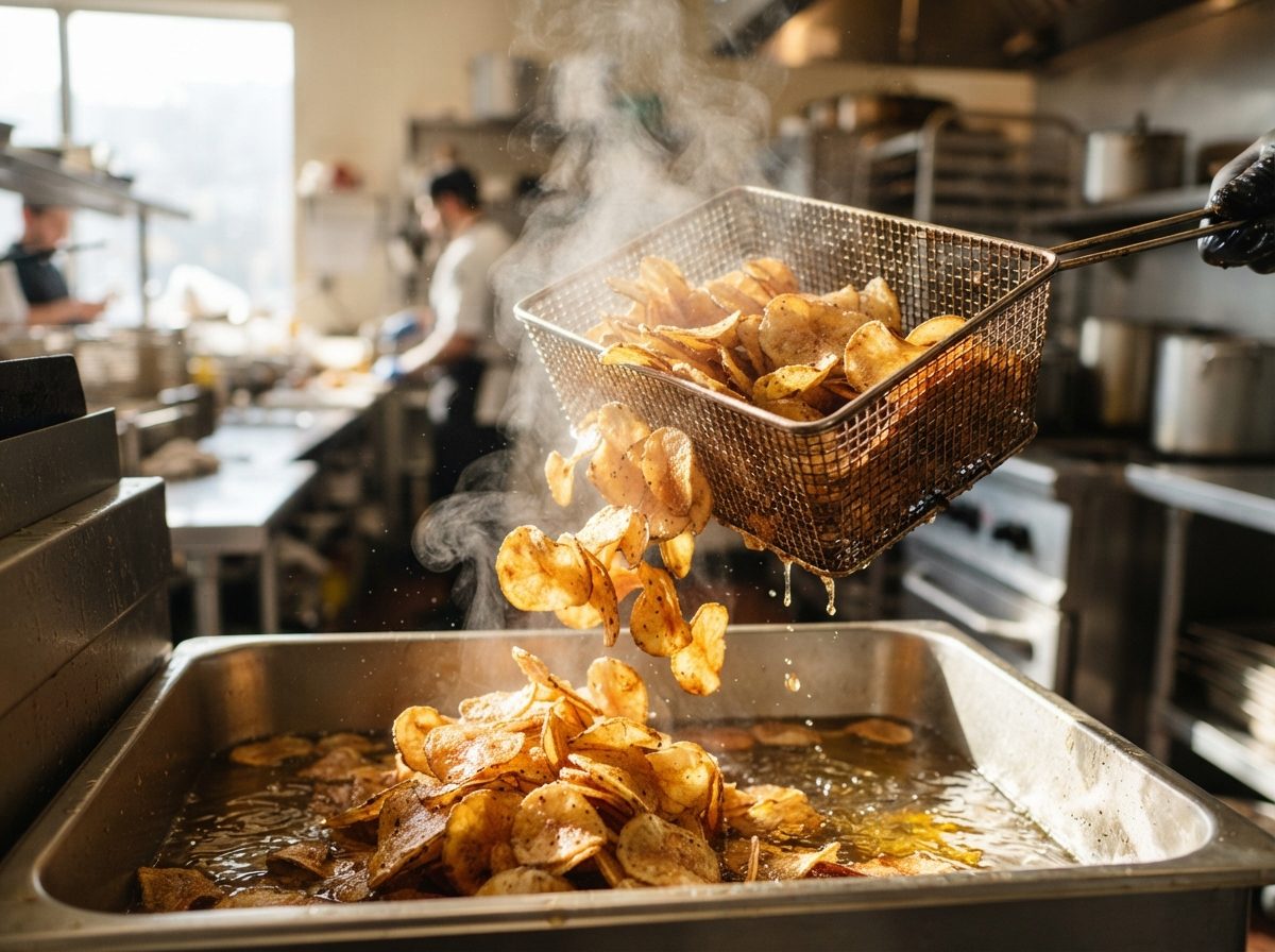 Crispy kettle-cooked potato chips being lifted from a fryer basket with steam rising in a sunlit kitchen.