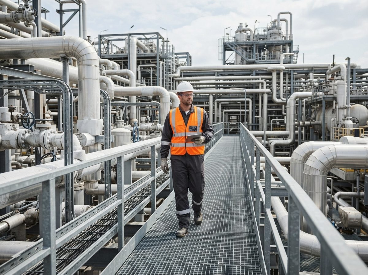 Worker walking along a steel walkway between cryogenic processing pipes at an LNG facility.