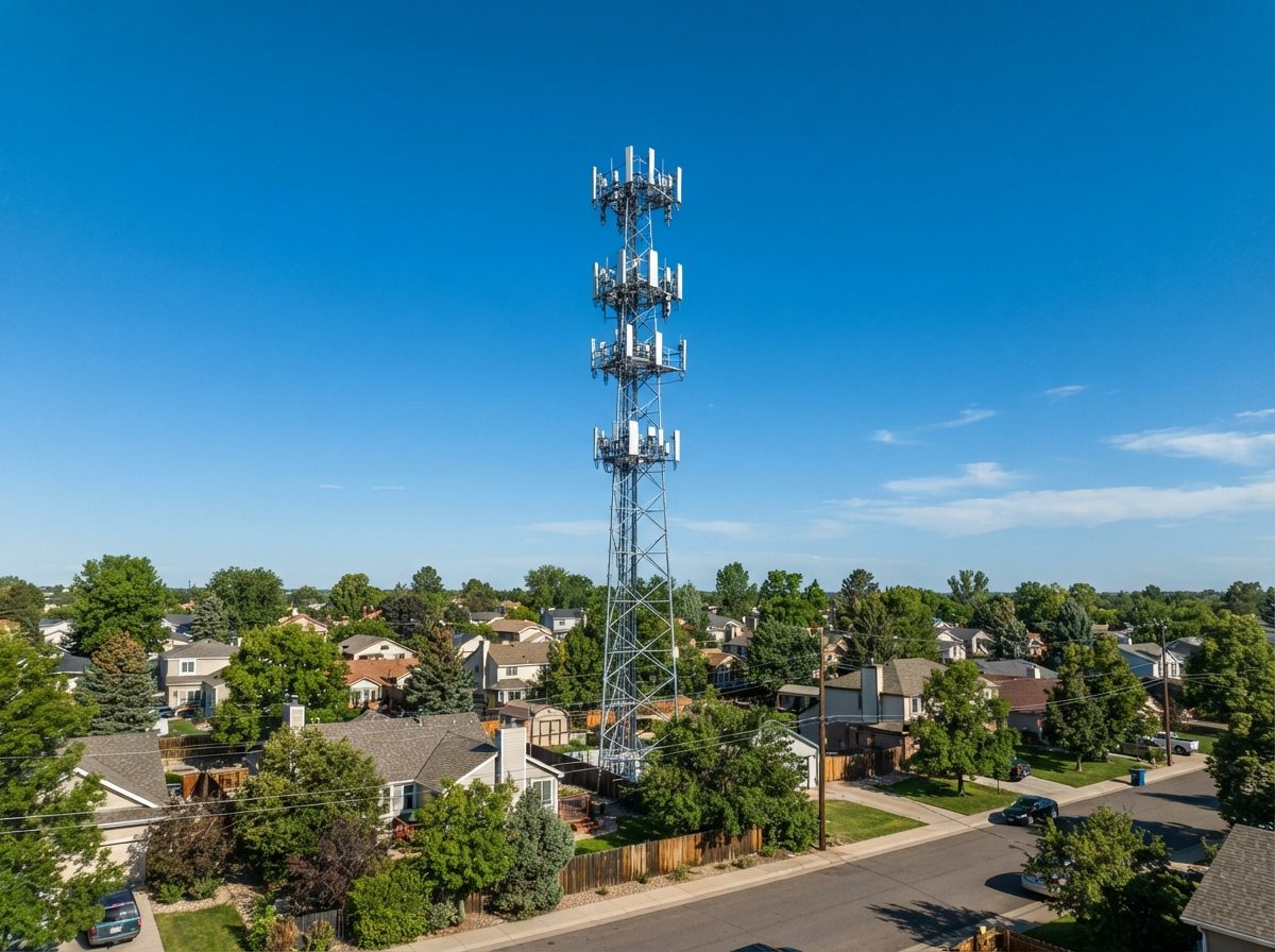 A cellular tower standing against a clear sky above a suburban neighborhood.
