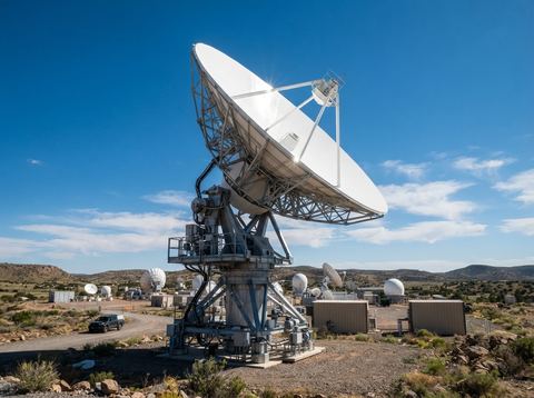 A large satellite communications dish under a bright clear sky at a technology testing site.