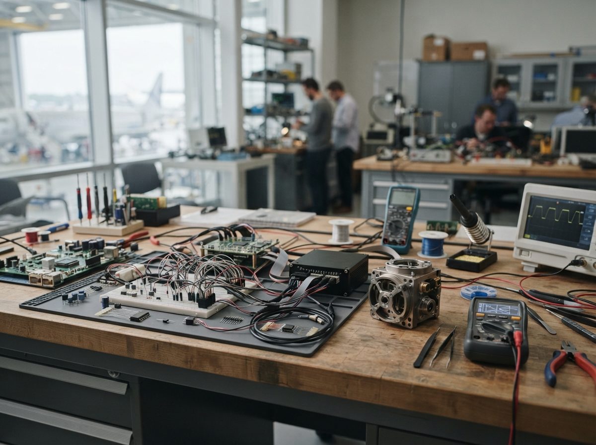A close-up view of aerospace engineering hardware and circuit components on a workbench in natural light.
