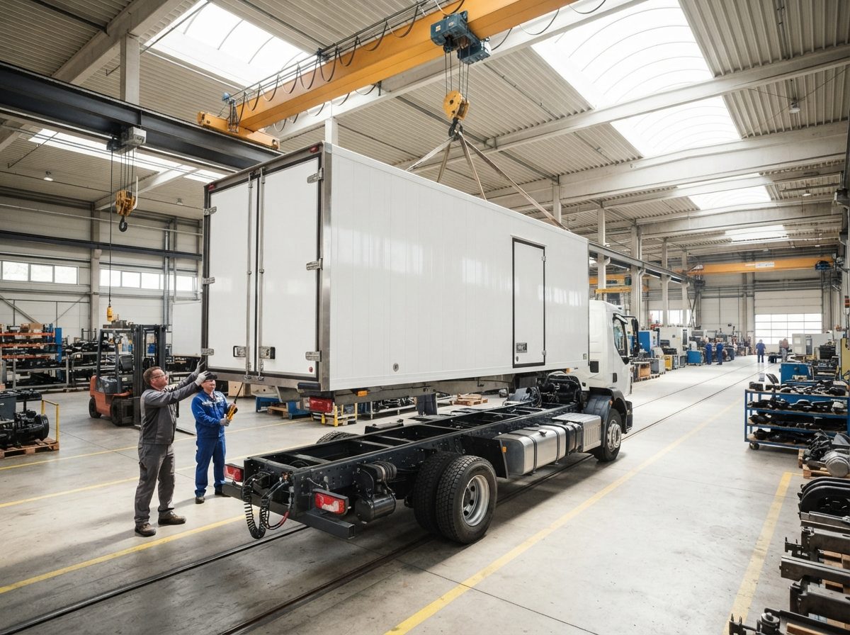 A refrigerated truck body being assembled onto a chassis inside a bright factory.
