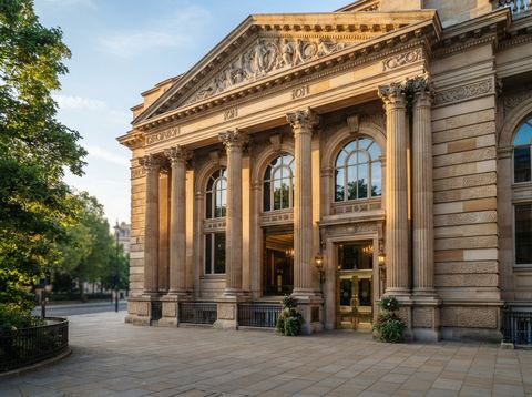 Grand stone-columned bank branch exterior bathed in warm sunlight, symbolizing a major American banking institution.