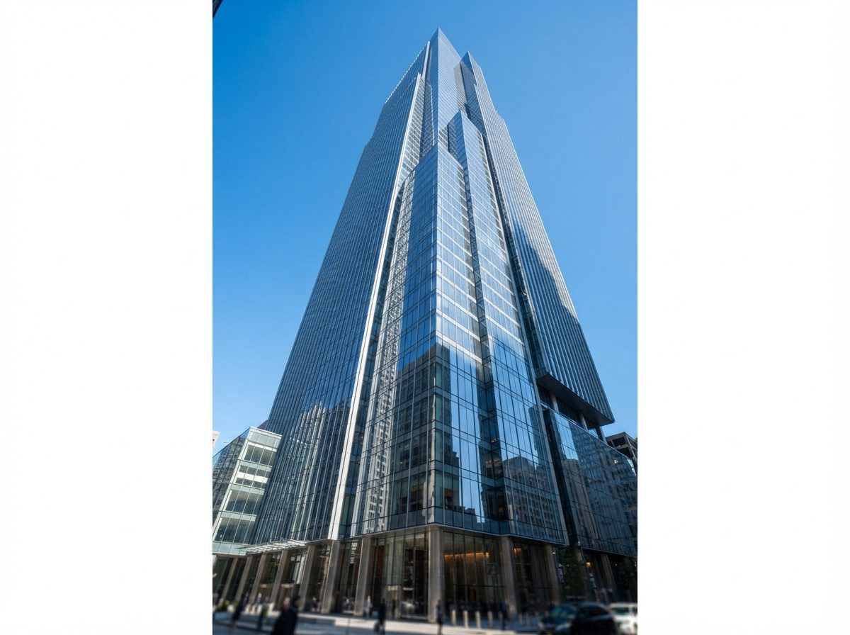 Modern corporate office tower with reflective glass facade representing a large financial institution's headquarters.
