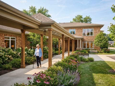 Exterior of a modern senior living community with landscaped grounds and natural light.