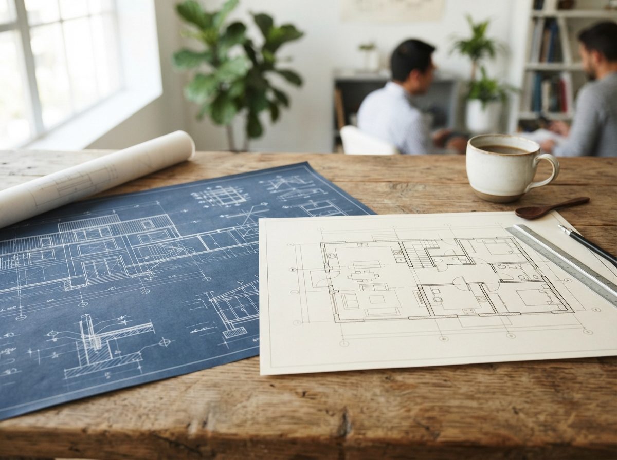 Architectural blueprints and floor plans laid out on a table in a bright office setting.