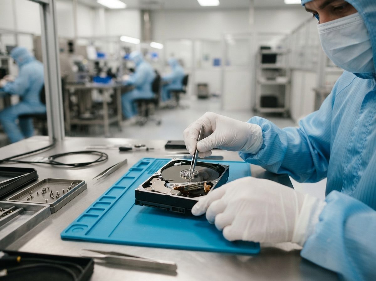 Technician assembling a hard drive component on a clean manufacturing line.