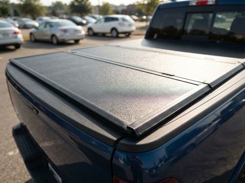 A vinyl tonneau cover installed on a pickup truck bed under bright sunlight.