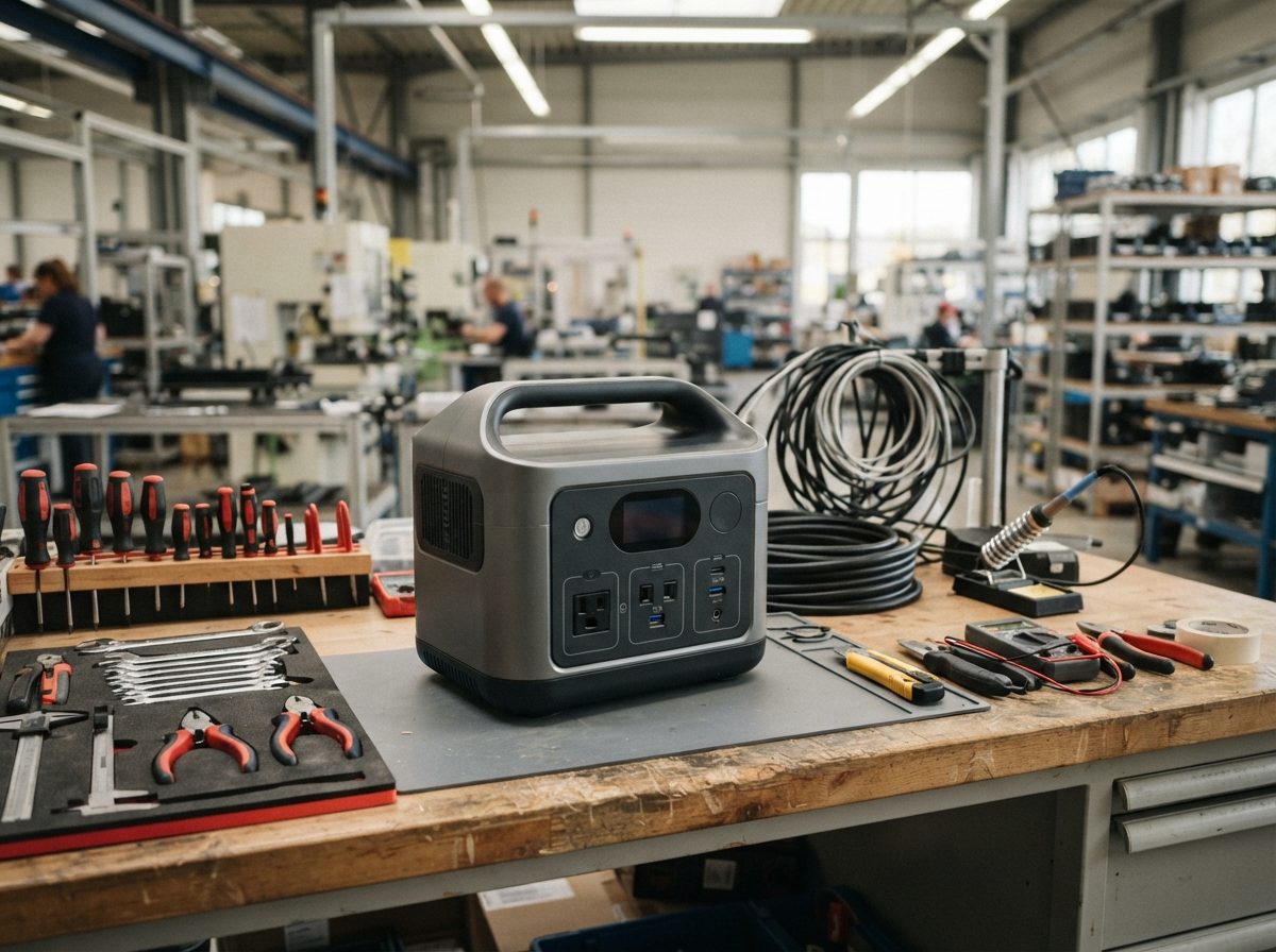 A portable power station on a workbench inside a manufacturing facility.