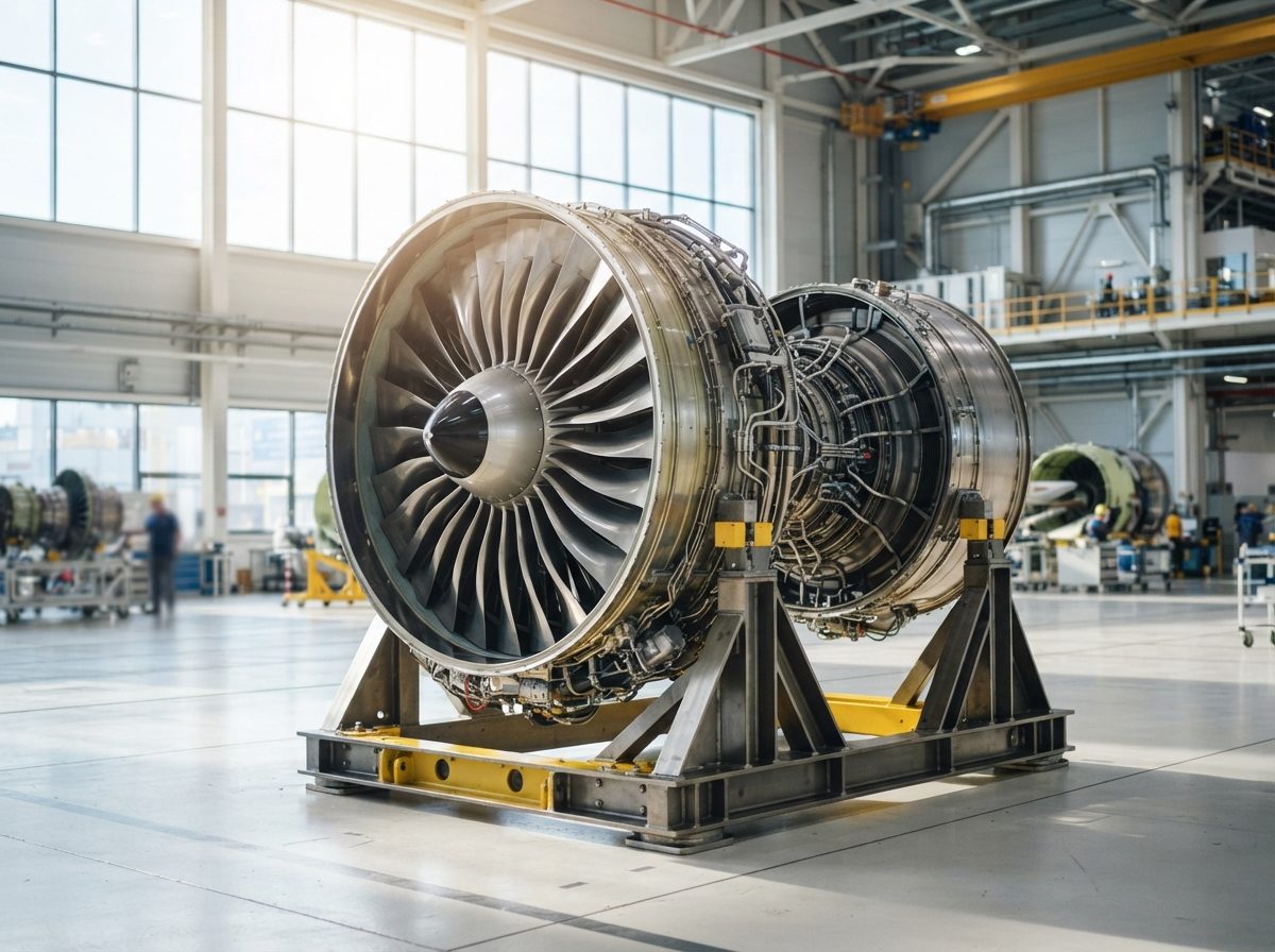 A large jet turbine engine on display inside a bright aerospace manufacturing facility.