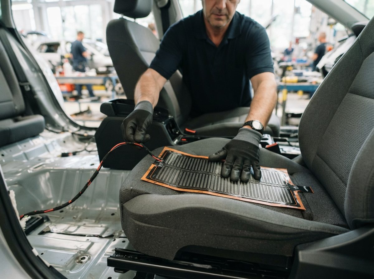 Close-up of a heated seat component being installed in a car interior on an automotive assembly line.