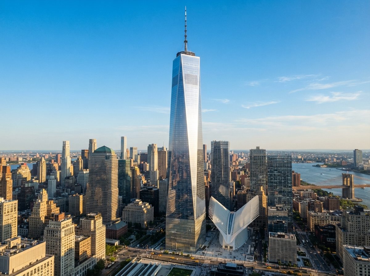 A tall glass skyscraper representing a major Wall Street investment bank against a bright blue sky.