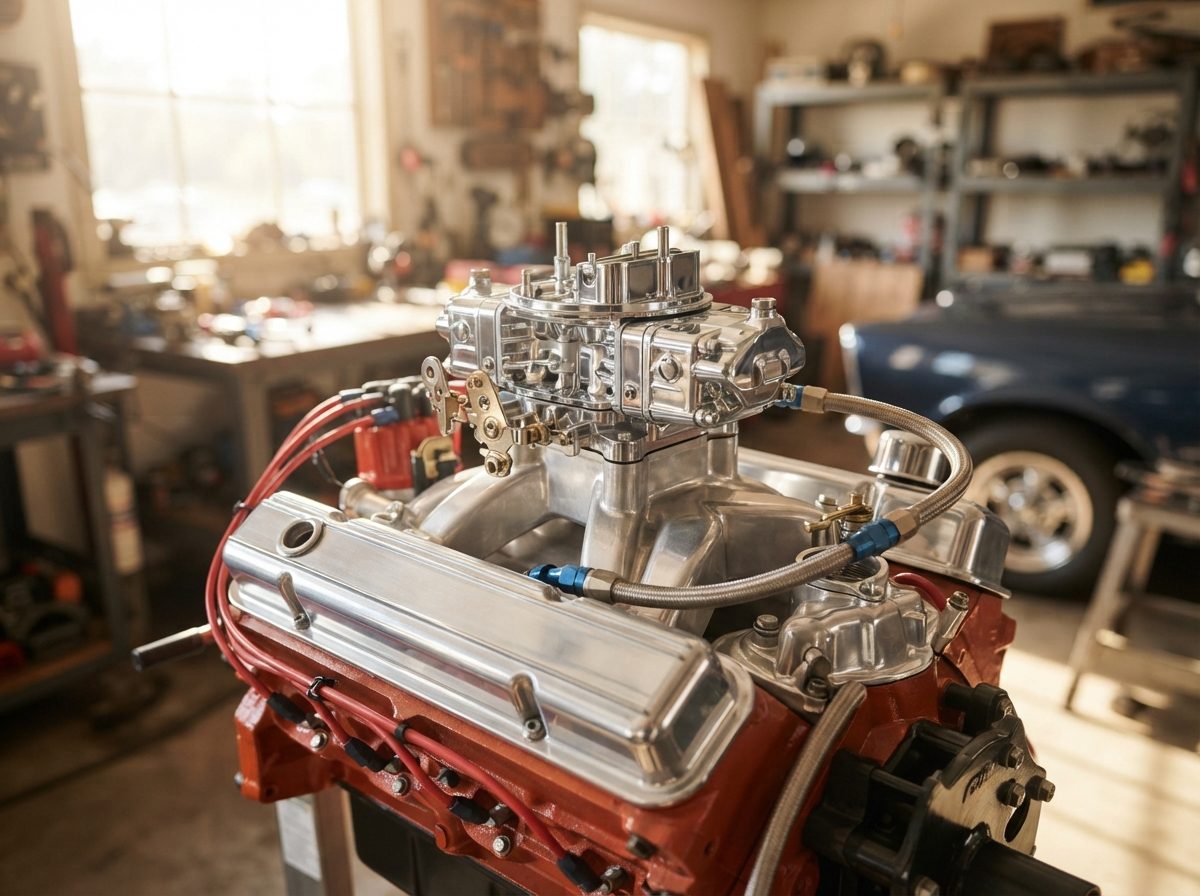 A polished chrome carburetor mounted on a V8 engine in a bright garage setting.