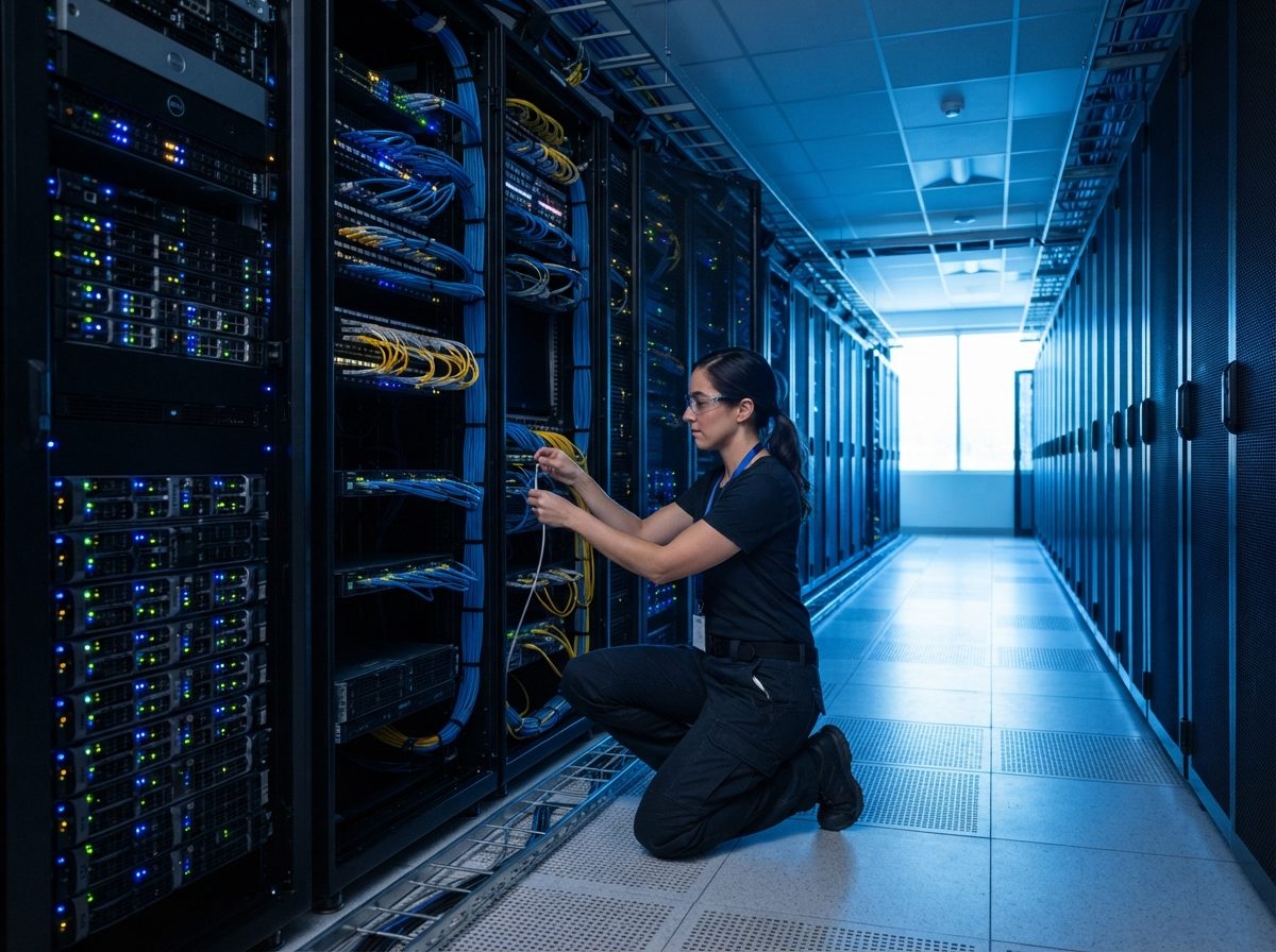 Rows of illuminated enterprise server hardware in a modern data center, representing IBM's technology infrastructure business.