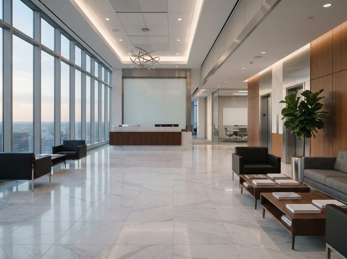 A bright, empty financial services office lobby with marble floors and large windows.